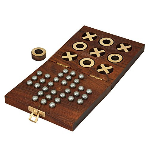 Wooden Handcrafted Tic Tac Toe Solitaire Board Game for Adult Kids 5 by 5 inch