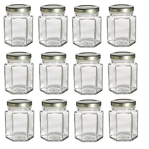 Nakpunar 12 pcs 3.75 oz Hexagon Glass Jars with Gold Lids (3.75 oz, Gold)