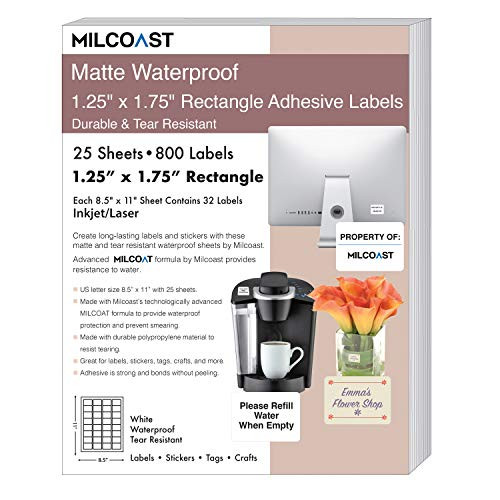 Milcoast Matte Waterproof Tear Resistant White Blank Adhesive 1.25" x 1.75" Rectangle Shaped Labels - Laser/Inkjet Printers - 800 Labels (25 Sheets)