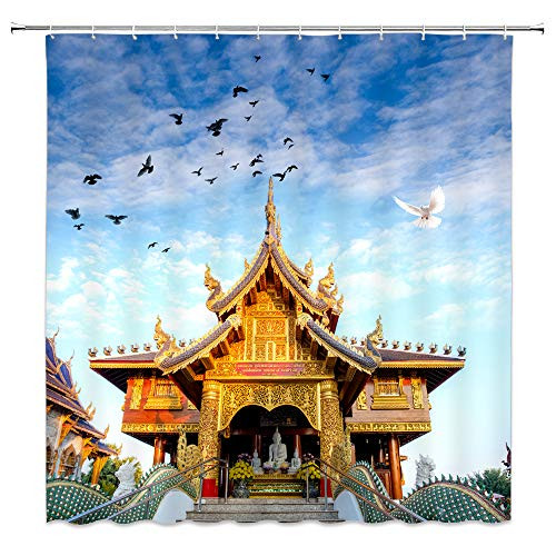 Feierman Japanese Temple Shower Curtain Decor Blue Sky Peace Dove Bathroom Curtain Machine Washable Mildew Resistant Waterproof with Hooks 70x70Inches