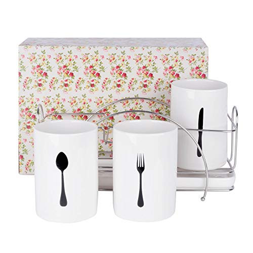SZUAH Ceramic Cutlery Caddy Crock, Flatware Holder Organizer Set with Draining Board and Wire Tray, White. 