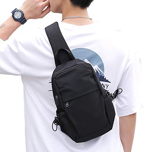 Small Black One Strap Backpack Sling Bag Crossbody Backpack for Men Women Lightweight Waterproof Sling Backpack Shoulder Bag for Hiking Walking Biking Travel Cycling USB Charger PortNylon