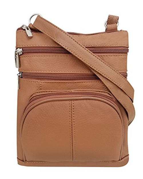 Roma Leathers Crossbody Zippered Purse  3 Front Pockets Adjustable Strap  Light Brown