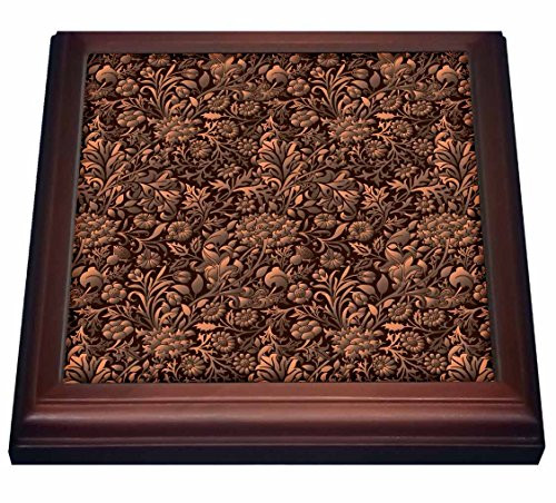3dRose Copper Colored Tonal Effect Vintage Floral Chintz Trivet with Ceramic Tile 8  by 8  Brown