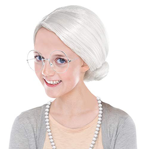 Costume Old Lady Wig 3PCS Old Lady Cosplay Set Grandma Wig for Halloween Costume White