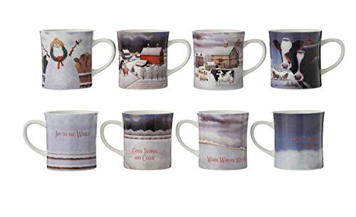 Creative Coop Snowman  Cows Stoneware Mug Set of 4 Designs Mugs  Cups White