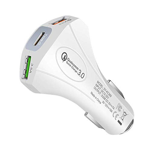 Quick Charge 3.0 Car Charger, LECMARK USB Type C & USB Ports for Google Pixel/XL, Samsung Note8 / S8, LG V20 and More (White)