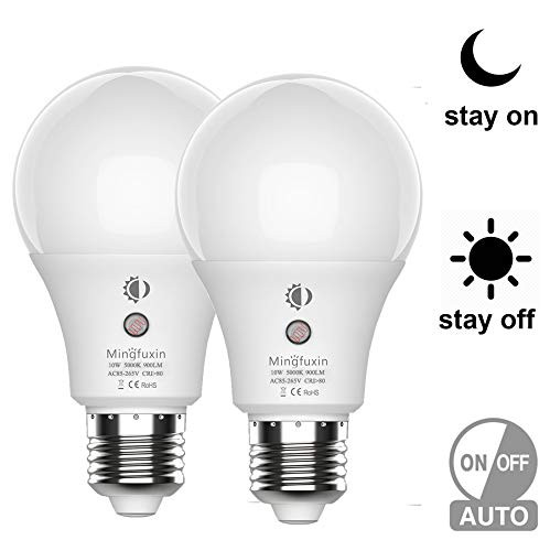 Dusk to Dawn Sensor Light Bulb - No Flicker and Stable 360°Auto ON/Off LED Smart Bulbs E26 A19 10W Porch Light Bulbs for Yard Patio Garage Garden Daylight 5000K 2 Pack by Mingfuxin