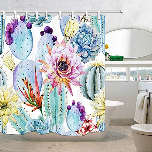 Watercolor Cactus Shower Curtain, Tropical Flowers Prickly Desert Succulent Cacti Plant Shower Curtain for Bathroom, 3D Fabric Bathroom Accessories Bath Curtains 69X70 in with 12PCS Shower Hooks