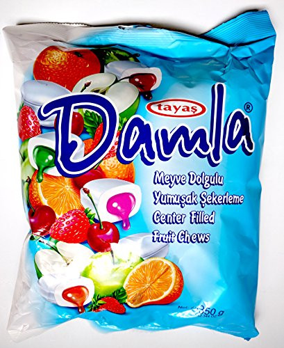 Tayas Damla Soft Chewy Candy Centerfilled Fruit Chews Orange Strawberry Sour Cherry Apple Peach Raspberry Family Size 350 Grams 12 34 Ounces
