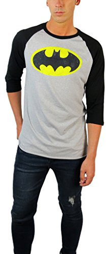 DC Comics Mens Batman Distressed Logo 3/4 Sleeve Raglan Tee XLarge Grey Heather/Black