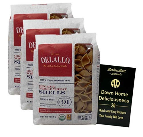 DeLallo Organic Whole Wheat Italian Pasta  Shells No  91 16 Ounces  3 Count Plus Recipe Booklet Bundle