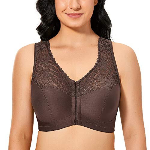 DELIMIRA Women s Full Coverage Wirefree Lace Plus Size Front Closure Bra Racerback Chocolate 44DD
