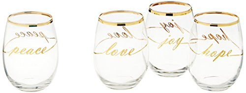 Luminarc 4 Piece Real Cheers 17 oz Perfection Stemless With Gold Holiday Words & Gold Rim, Clear