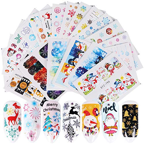 30 Sheets Christmas Nail Stickers Nail Art Supplies Winter Nail Decals Xmas Snowflake Santa Claus Tree Deer Bell Snowman Nail Design Sticker Water Transfer Decals Manicure Tips Nails Decoration