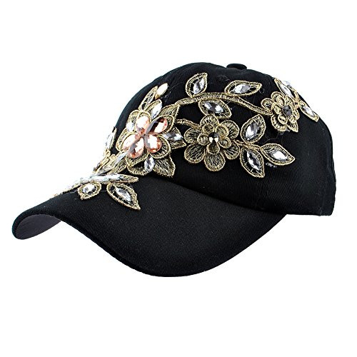 Elonmo Bling hat Womens Cute Lace Flowers Baseball Cap with Jewel Rhinestone Bling Hats Jeans Wash Denim Snapback Black