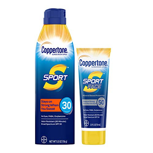 Coppertone Sport SPF 30 Sunscreen Spray  Sport Face SPF 50 Mineral Based Sunscreen Lotion Multipack 5 5 Ounce Spray  2 5 Fluid Ounce Lotion 5 5 Fl Ounce