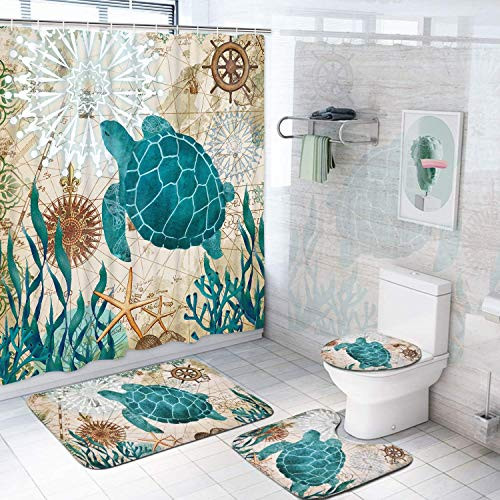 Sea Turtle Shower Curtain Sets with NonSlip Rugs Toilet Lid Cover and Bath Mat Nautical Ocean Shower Curtains with 12 Hook s Durable Waterproof Bath Curtain