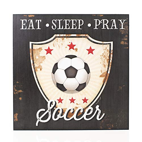 Dicksons Eat Sleep Pray Soccer Shield and Stars 8 x 8 Wood Decorative Wall Plaque
