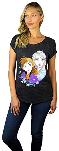 Disney Womens Frozen 2 Anna and Elsa Scoop Neck Doleman Tee Charcoal Heather Small