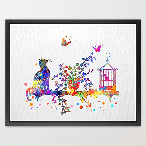 Dignovel Studios 8X10 Cat birdcage and butterfly Watercolor Art Print Wall Art Hanging Home Decor Nursery decor Kids Art Fine Art Print Motivational art N120