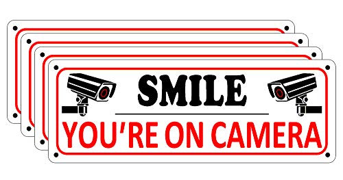 Smile You re on Camera Sign 4 Pack Video Surveillance Sign 10 x 3 5 inches Home Security Signs for House Business Metal Security Camera Warning Sign Outdoor Aluminum CCTV Sign for Yard
