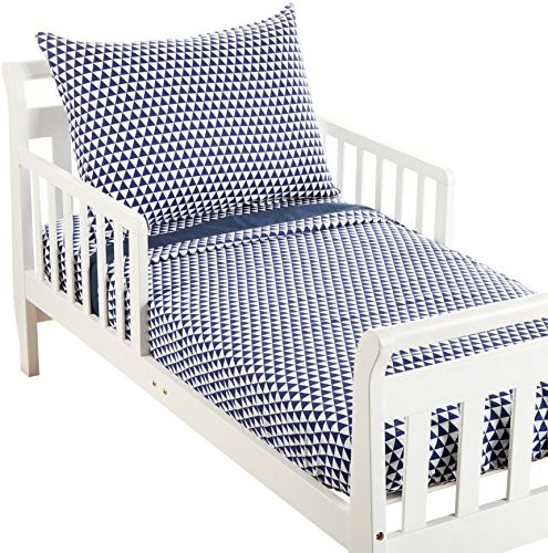 Bacati Aztec/Tribal Triangles 3 Piece Cotton Breathable Muslin Toddler Bedding Sheet Set, Navy, Small