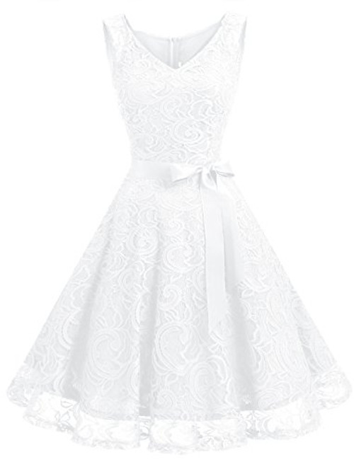 Dressystar 0010 Women Floral Lace Bridesmaid Party Dress Short Prom Dress V Neck White XS