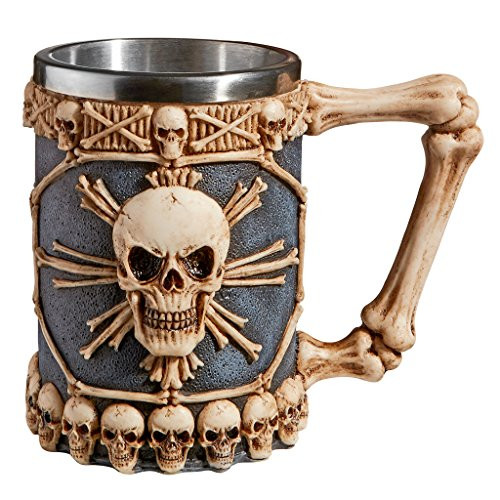 Design Toscano JQ8967 Skullduggery Mug Beer Stein Tankard Drink Cup 9 Inch Faux Bone and Gray Stone Finish