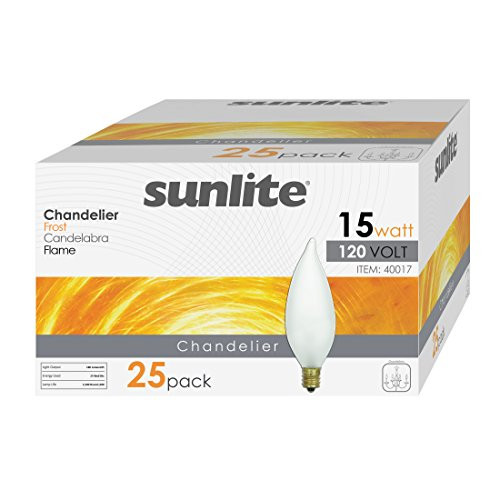 Sunlite 15CFF/25/25PK Flame Tip 15W Incandescent Petite Chandelier Light Bulb, Candelabra (E12) Base, Frosted Bulb (25 Pack)