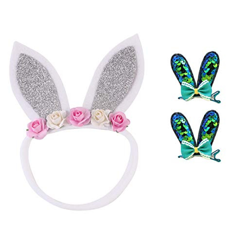 Baby Girls Headband Bunny Rabbit Ears with Satin Flowers for Easter Day Gift JHE02 Set GSilver