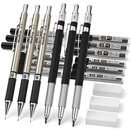Nicpro 6PCS Mechanical Pencils Set 3 PCS Metal Drafting Pencil 0 5 mm  0 7 mm  0 9 mm and 3 PCS 2 0 mm Graphite Lead Holder 2B HB 2H For WritingSketching DrawingWith 12 Tubes Lead Refills