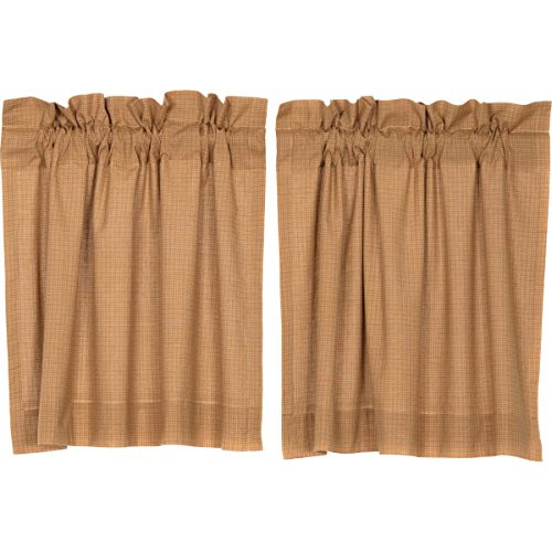 VHC Brands Classic Country Primitive Kitchen Window Curtains - Kindred Star Tan Lined Plaid Tier Pair L24 x W36 Grey VHC Brands Classic Country Primitive Kitchen Window Curtains - Kindred Star Tan Lined Plaid Tier Pair L24 x W36 Grey