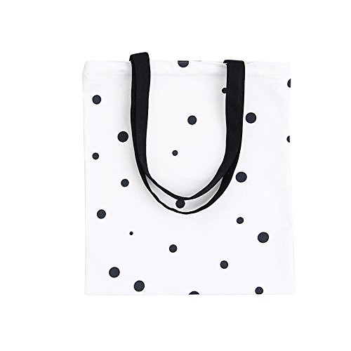 Nuni Black Polka Dot Pattern Canvas Tote Bag School Bag White Medium