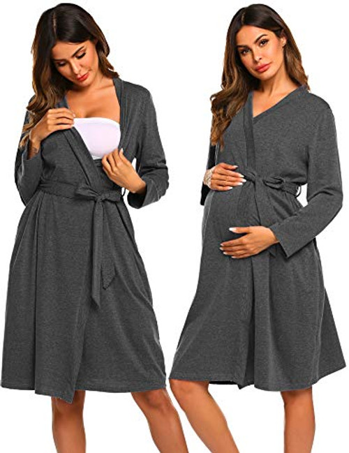 Ekouaer Maternity Robe 3 in 1 Labor Delivery Nursing Gown Hospital Breastfeeding Dress Bathrobes Grey