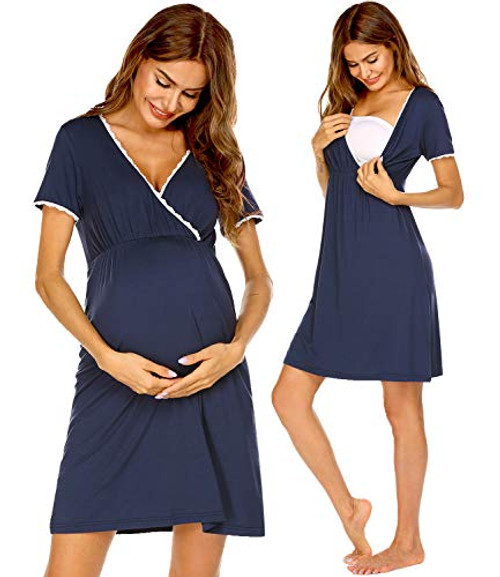 Ekouaer Women s Maternity Breastfeeding Dress Nursing Nightgown Pregnancy Soft Breastfeeding Dress Navy Blue L Ekouaer Women s Maternity Breastfeeding Dress Nursing Nightgown Pregnancy Soft Breastfeeding Dress Navy Blue L