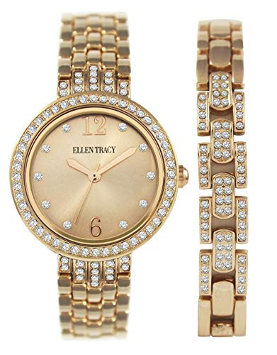 Ellen Tracy Womens Watch  Bracelet Set with Crystal Embellishment Gold