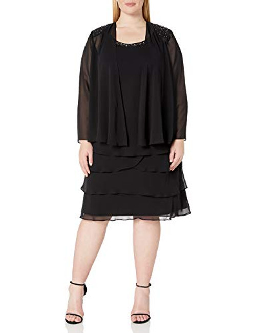 S L  Fashions Women s Plus Size Embellished Tiered Jacket Dress chiffon black 18W