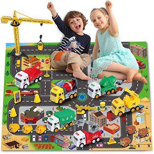 Engineering Construction Vehicles Toys with Play Mat28 x 31Fire Fighting Truck Garbage TruckMini Animal Pull Back Car Toy Gifts for Boys Girls Toddlers  Kids12 Cars