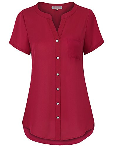 Misswor Short Sleeve Tops for Women Juniors Clothing Cute V Neck Tunic Shirt Button Down Casual Flowy Designer Polyester Chiffon Work Blouse Fashion Red XXL