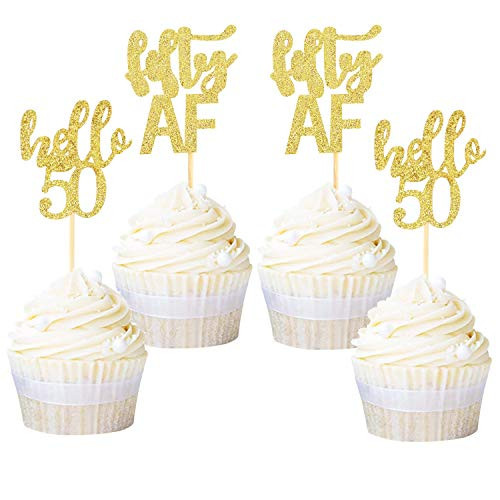 Ercadio 24 Pack Fifty AF Cupcake Toppers Gold Glitter Hello 50 Cupcake Picks 50th Birthday Anniversary Retirement Party Cake Decorations