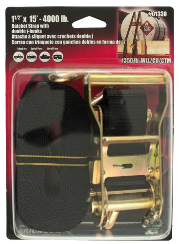 Erickson 01330 Black 1 5  x 15  Medium Duty Ratcheting TieDown Strap with double Jhook 4000 lb Load Capacity