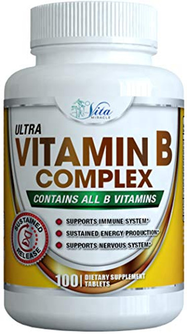 Super B Complex Vitamins 100Count  All B Vitamin High Potency Capsules Reduce Stress More Energy Plus Sustained Release Pure BComplex