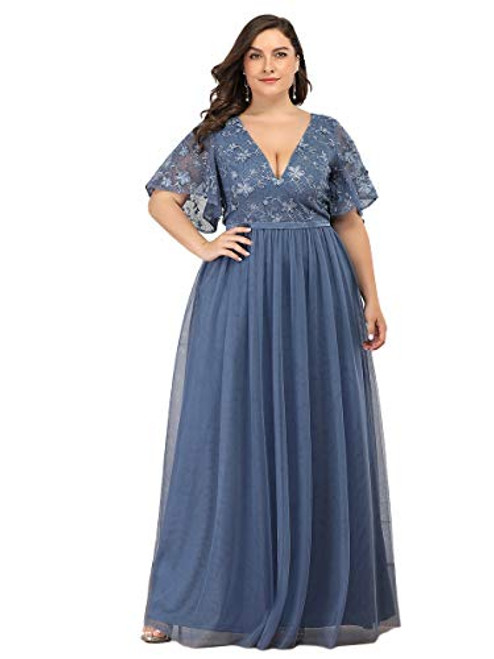EverPretty Women s Long VNeck Short Sleeve Plus Size Wedding Guest Dress Dusty Blue US18