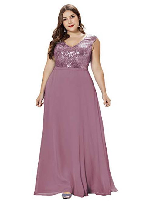 EverPretty Women s ALine Sequin Dress VNeck Plus Size Wedding Guest Dress for Women Orchid US16