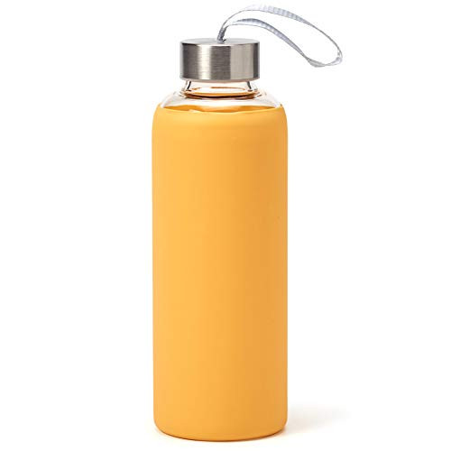 EZOWare 18oz Glass Water Bottles Reusable Leak Proof Beverage Juicing Borosilicate Glass Drinking Bottles with Silicone Sleeve and Stainless Steel Cap Yellow EZOWare 18oz Glass Water Bottles Reusable Leak Proof Beverage Juicing Borosilicate Glass Drinking Bottles with Silicone Sleeve and Stainless Steel Cap Yellow