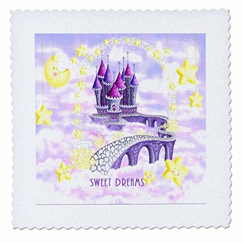 3dRose qs_98654_5 Yellow Stars and Violet Castle with Words Sweet Dreams Cartoon.Jpg-Quilt Square, 14 by 14-Inch