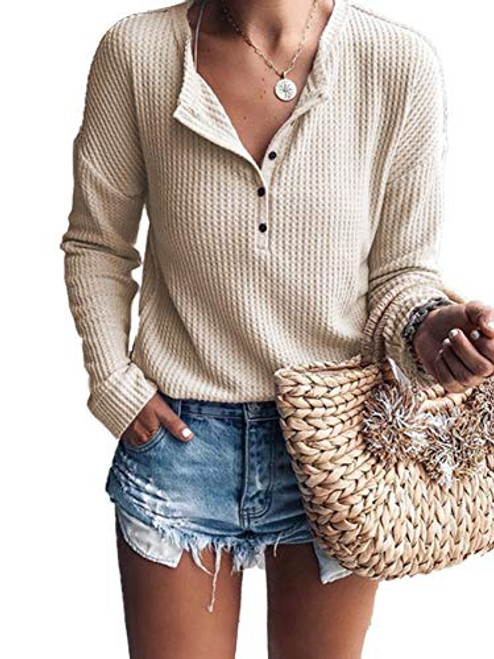 Famulily Women s Waffle Knit Tunic Tops Loose Long Sleeve Button Up V Neck Henley Shirts Beige 2XL