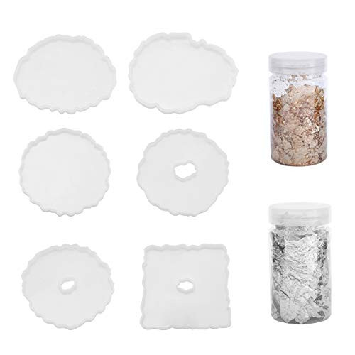 Fashionclubs 6pcs Resin Coaster Molds for Resin Casting Irregular Silicone Geode Agate Coaster Epoxy Molds with Foil Flakes for Making Agate Slices Cups Mats Coasters Home Decoration