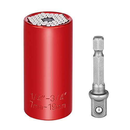 Yohii Universal Socket Set Professional 7mm19mm / 1/4 3/4  Grip Socket Set Ratchet Wrench Power Drill Adapter Red